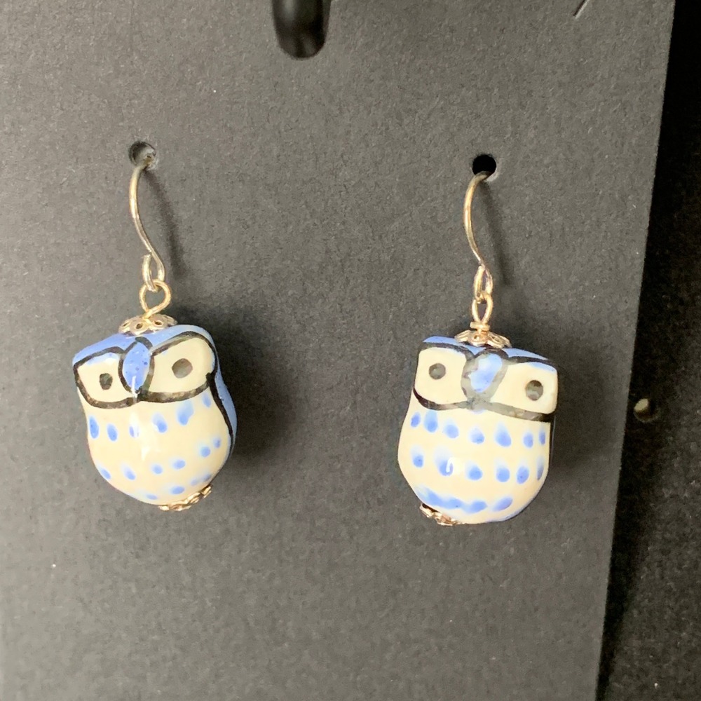 925 Sterling Silver Blue Ceramic Owl Drop Dangle Earrings Whimsy